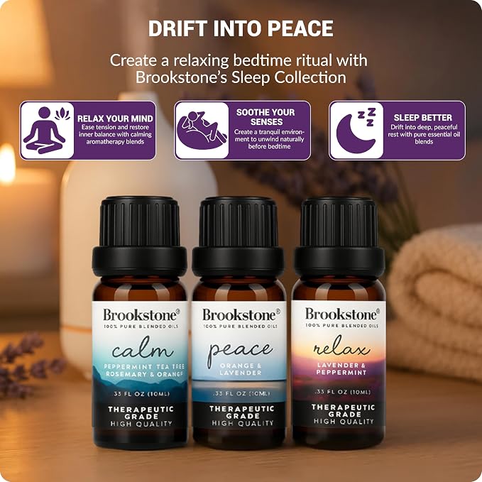 Brookstone Essential Oil Blends Sleep Collection | Organic Essential Oil Set for Aromatherapy Diffuser, Massage Oil and Candle Scents | 3-Pack 10ml Bottles