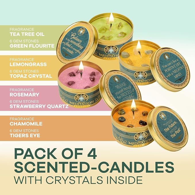 Meditation Candles with Crystals | Natural Aromatherapy Candles for Relaxation & Healing | Stress Relief Candles for Yoga, Meditation & Self Care | 5oz Each 4 Pack Gift Set