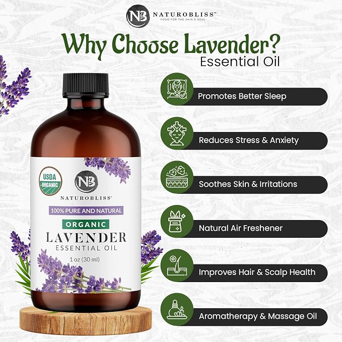 NaturoBliss Organic Lavender Essential Oil, 100% Pure Therapeutic Grade, Premium Quality, 1 fl. Oz / 30 ml - Perfect for Aromatherapy and Relaxation (30ml)