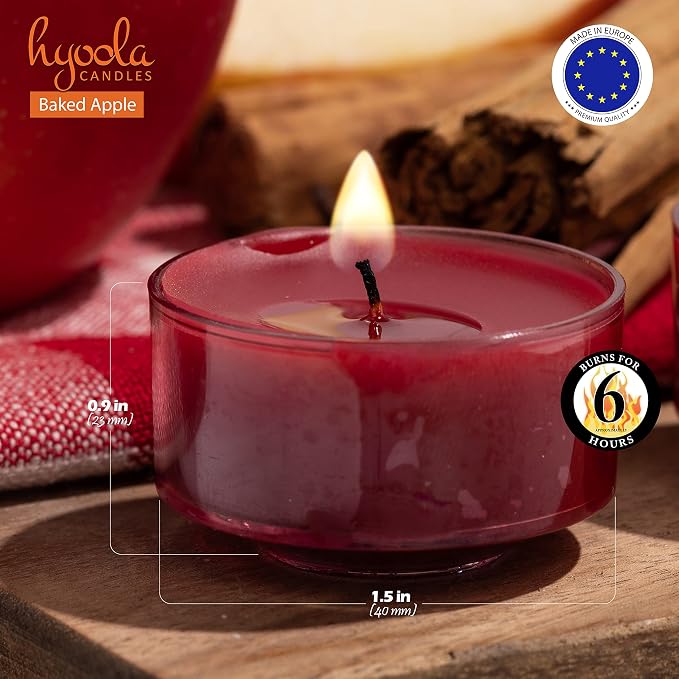 HYOOLA Scented Tealight Candles - Clear Cup - Baked Apple Tealight Candles Scented - 6 Hour Burn Time - 15 Pack - European Made