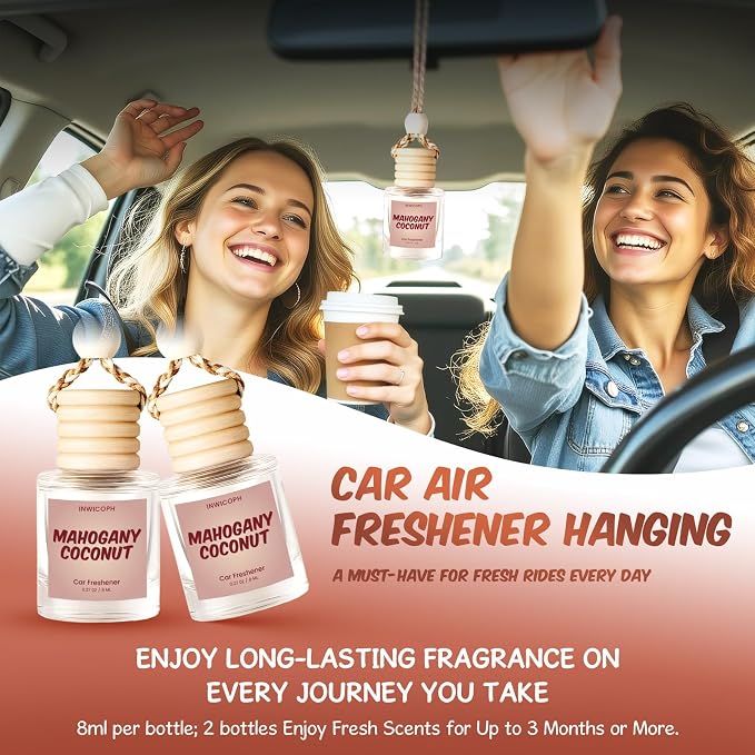 Premium Car Air Freshener Diffuser Set (2 Pack) - Mahogany Coconut Fragrance Oil, 45+ Day Long-Lasting Hanging Auto Freshener