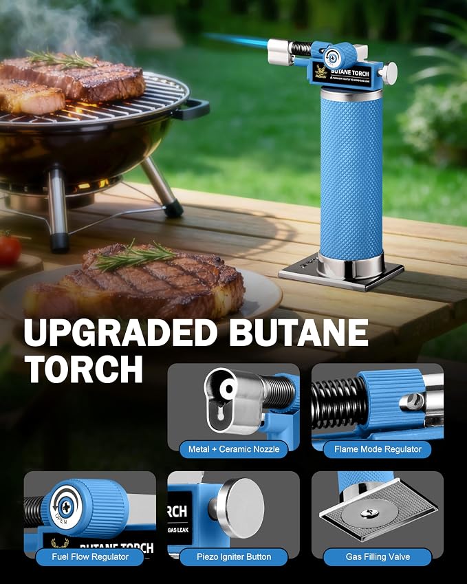RAVS DUAL Flame Mode Butane Torch, Refillable Kitchen Torch Lighter for Creme Brulee, BBQ, DIY Soldering with Adjustable Flame & Safety Buckle, Metal Body, Blue Soldering Torch, Butane is Not Included
