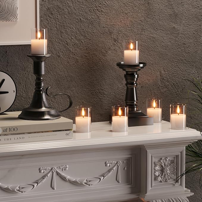 VIODAIM 12Pack Glass Flickering Flameless Candles with Remote, 2"X3" Real Wax Votive Candles Battery Operated, Small Electric LED Candles for Wedding Home Decor, w/4 Timers+2 Lighting Modes [Clear]