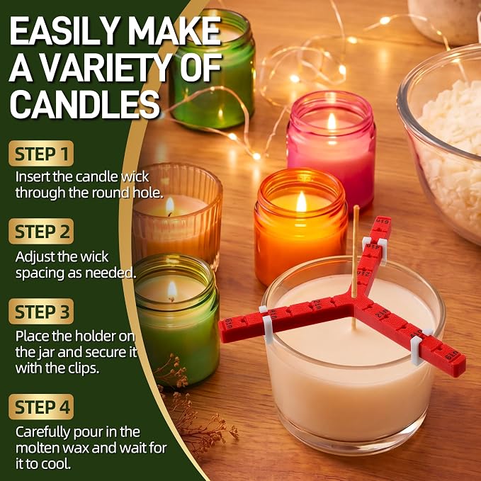 Feekoon Universal 3 Way Candle Wick Holder, Adjustable 1/3 Wick Centering Tool with 6 Clips, Anti-Slip Wicks Stabilizer for Candle Making, Fits Jars up to 6 Inch, Reusable PLA (Red)