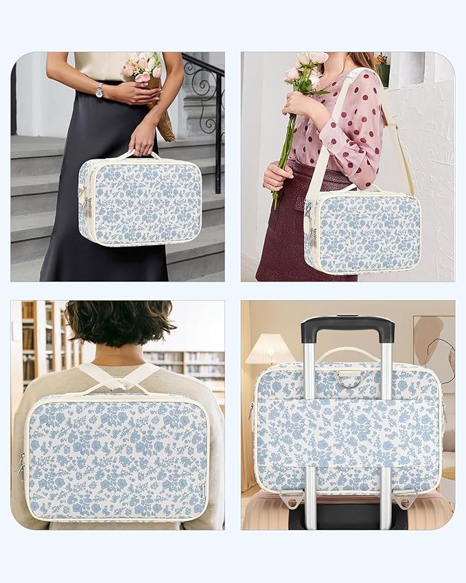 Relavel Makeup Bag Travel Train Case for Women and Girls, Cute Cosmetic Storage Organizer Box Portable Shoulder Bag with Adjustable Dividers and Makeup Brush Comparment, Floral Print