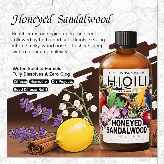 HIQILI Honeyed Sandalwood Diffuser Oil for Car Air fresheners, Ultrasonic or Reed Diffuser, Relaxing & Cozy, Hotel Scent - 3.38 Fl Oz
