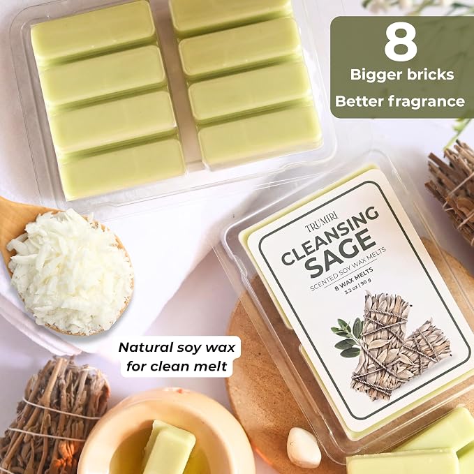 Cleansing Sage Scented Wax Melts - Made With Non Toxic Soy Wax And Essential Oils - Long Lasting Strong Scent Pet Safe Candle Wax Cubes Tarts For Warmers Pack Of 4 - For Cleansing Negative Energy