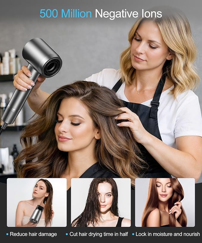 Cosy Companions Hair Dryer - Negative Ionic Blow Dryer with 150000 RPM High Speed Brushless Motor for Fast Drying, Low Noise, HD Display Hair Dryer with Diffuser and Nozzle, 5 Temps & 2 Speeds