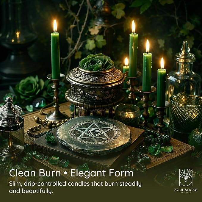 SOUL STICKS Prosperity Magic Spell Chime Taper Candles 20 Pack - Ideal for Altar, Rituals, Ceremonies, Meditation Green Unscented Candle Sticks for Witchcraft Supplies, Wiccan Supplies and Tools