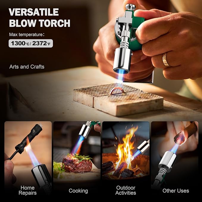 RAVS Butane Torch Lighter, Premium Metal Creme Brulee Torch with Adjustable Flame & Safety Buckle, Cooking Torch for Baking, BBQ, DIY, Green, Butane Gas Not Included