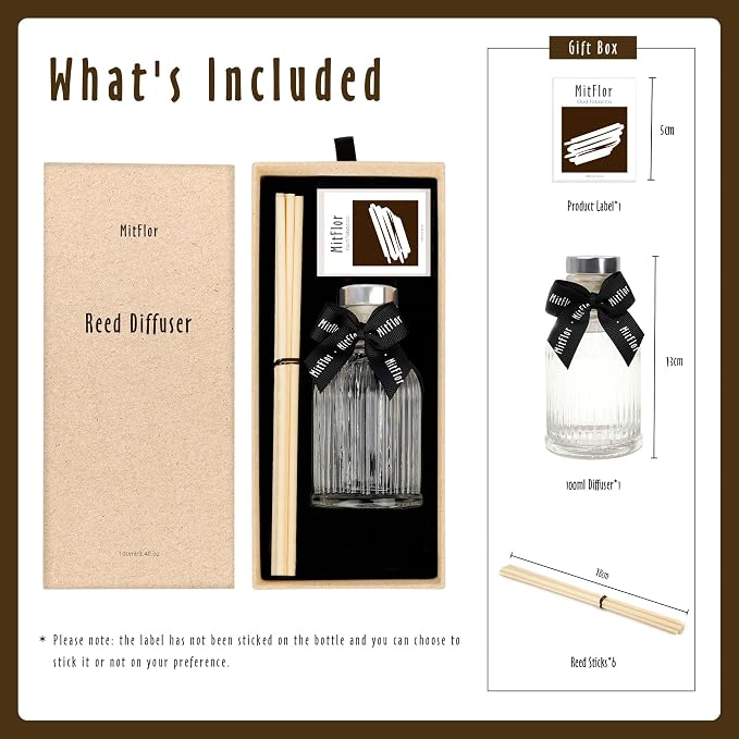 Reed Diffuser, MitFlor Oud Tobacco Fragrance Diffuser Gift Set, Woody Scent Diffuser with 6 Natural Rattan Sticks, Sleek Bedroom, Bathroom and Home Décor, 3.4 fl oz