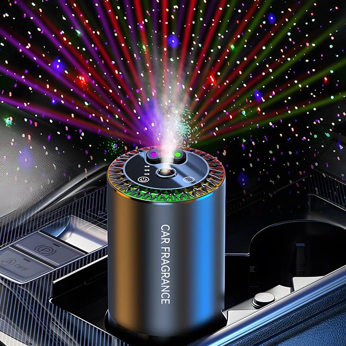 Smart Car Air Freshener Diffuser, Essential Oil Diffuser with 3 Colors Starry Sky Projection & 50ml Perfume, Auto ON/Off, 3 Mode Adjustable USB Rechargeable Aroma Diffuser, Ocean