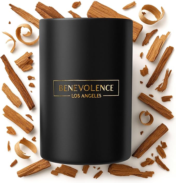 Benevolence LA Premium Santal Scented Candle – Long-Lasting, 45-Hour Burn – Luxury Black Wax Soy Candle for Home – Aromatherapy & Room Decor – 10oz