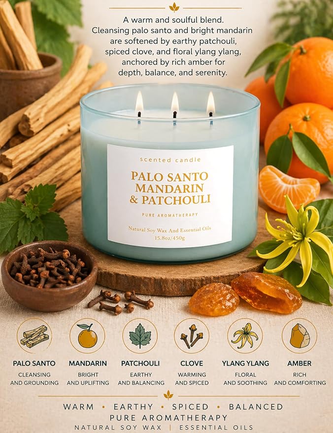 Palo Santo Mandarin Patchouli 3-Wick Soy Candle | 15.8 oz Calming Aromatherapy Candle for Home | Clean Burn Long Lasting | Warm Wood Citrus Scent | Stress Relief Candle Gift for Women & Men