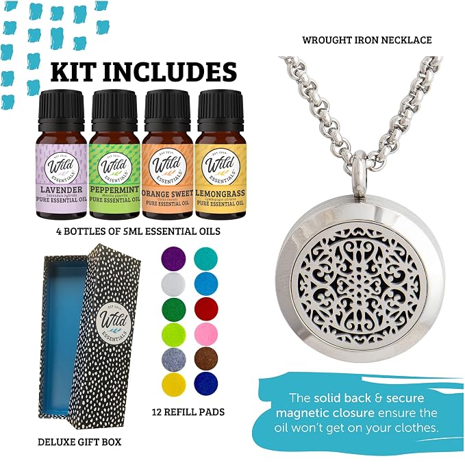 Wild Essentials Wrought Iron Necklace Essential Oil Diffuser Kit With Lavender, Lemongrass, Peppermint, Orange Oils, 12 Refill Pads, Calming Aromatherapy Gift Set, Customizable Color Changing, Perfume