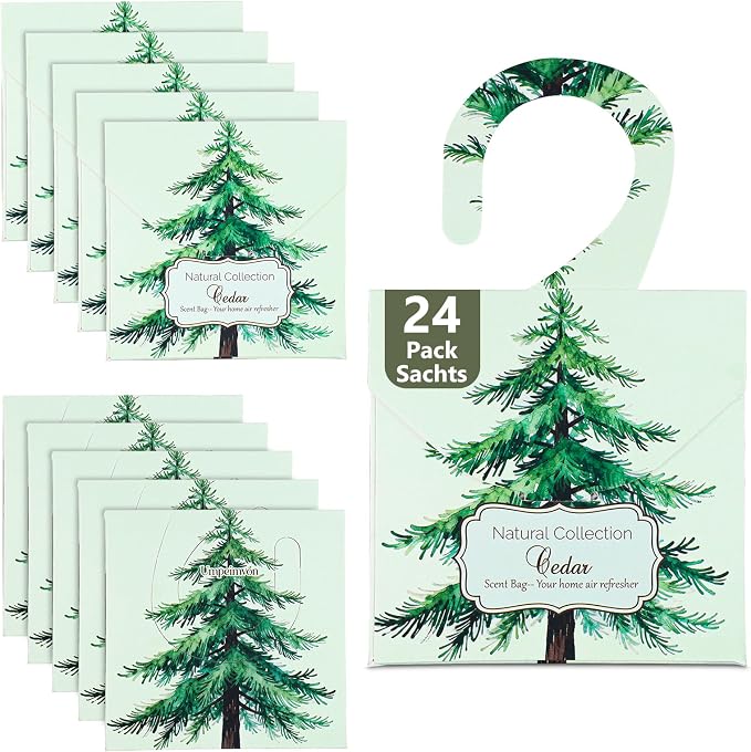 24 Packs Cedar Sachets for Drawers and Closets, Drawer Deodorizers Closet Freshener Scented Sachets with 10 Hanging Bags Home Fragrance, Long Lasting