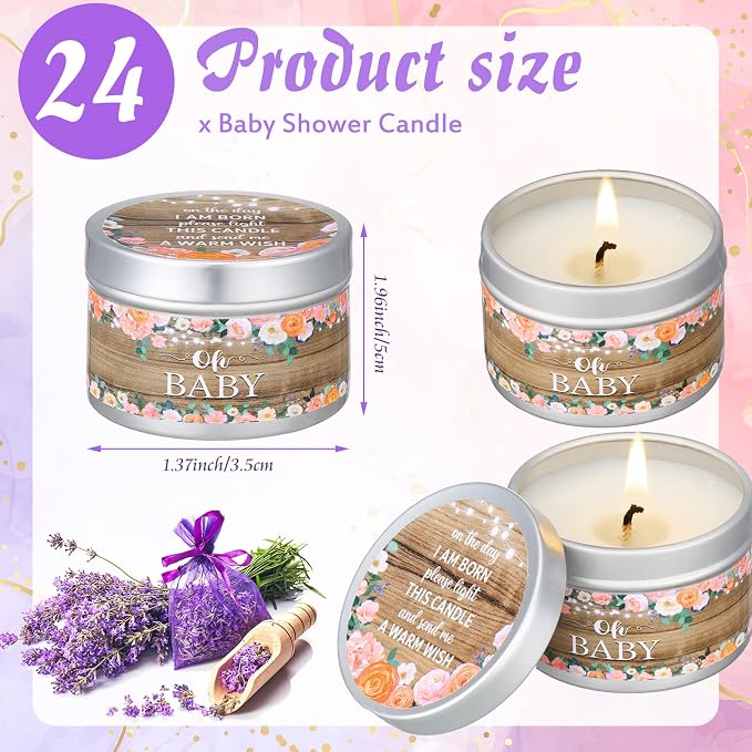 MTLEE 24 Pcs Wood Grain Baby Shower Party Favors Candles Lavender Scented Baby Shower Favors for Guests Rustic Tealights Candles Gender Reveal Return Gifts(1.2 Oz, Khaki)