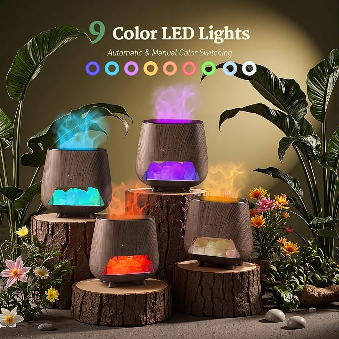 JJNJJN Essential Oil Diffuser for Home: 200ml Aromatherapy Diffuser with Himalayan Pink Salt Rock, Cool Mist Humidifier with Auto Off Function and 9 Colors LED Night Light for Bedroom, Black