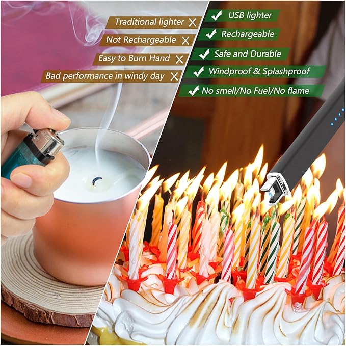 MEIRUBY Lighter Electric Candle Lighter Long Electronic Rechargeable USB Arc Windproof Flameless Lighters for Candle Camping BBQ Birthday Women's Day Gifts for Women Mom Wife Men, Balck