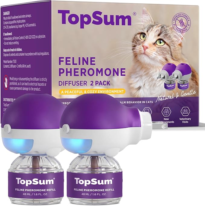 TopSum Cat Calming Pheromone Diffuser: Feline Pheromones Plug in for Stress, Alone At Home, Spraying, Fighting, Scratching, Aggression & Excessive Meowing (Purple– 2 Diffusers+2 Refills)