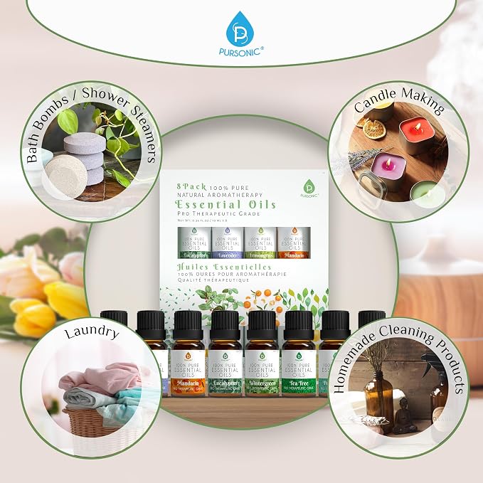 Pursonic Essential Oils Set - 8 Aromatherapy Oils Blends Gift Set - 10ml Pure Essential Oils for Diffusers, Home, Massage & Bath(Eucalyptus,Lavender,Lemongrass,Orange,Peppermint,Tea Tree,Wintergreen)