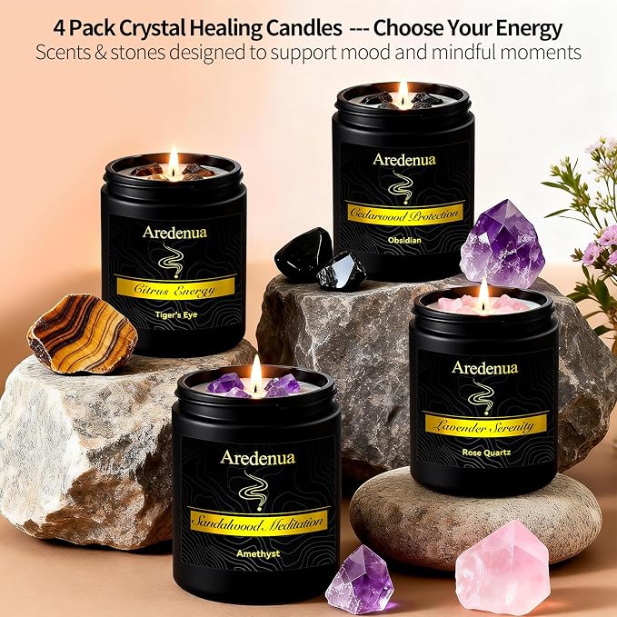 Scented Candles Set, 4 Pack Crystal Healing Candles with Rose Quartz Amethyst Tiger Eye Obsidian, 7oz Natural Soy Wax Candles, Lavender Citrus Sandalwood Cedar, Meditation Gifts for Women Men