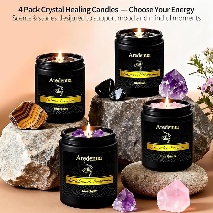 Candle for Meditation and Spiritual Practice - Sandalwood Aromatherapy Candle with Amethyst Healing Crystal, Natural Soy Wax Scented Candle for Yoga Mindfulness, 7oz Long Lasting, Zen Gift