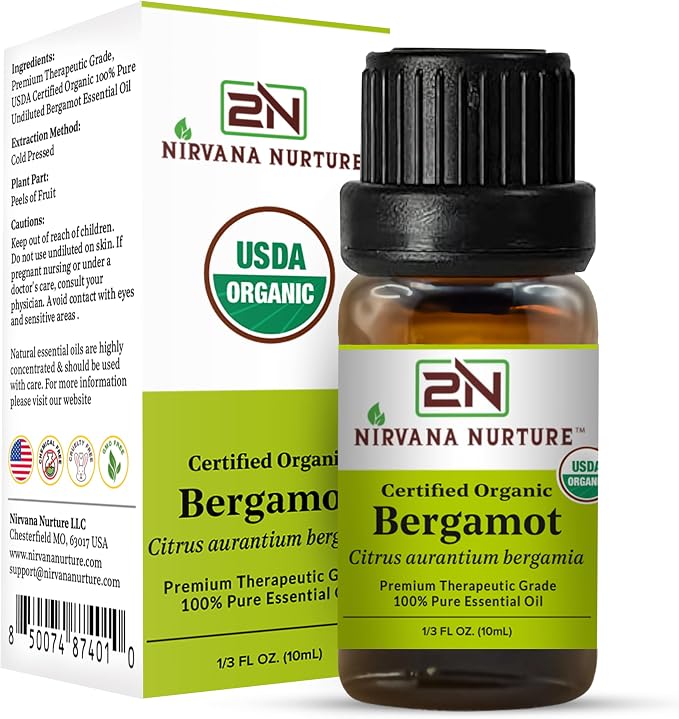 Bergamot Essential Oil, USDA Certified Organic, 100% Pure Undiluted, Aromatherapy Oil for Diffuser, Hair & Skin Care