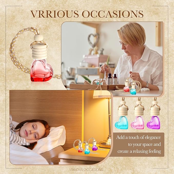 20 Pcs 6ml Hanging Car Diffuser Bottle Empty Glass Perfume Air Freshener Heart Love Container Diffuser Pendant Wedding Essential Oil Fragrance Aromatherapy Ornament (Multicolor)