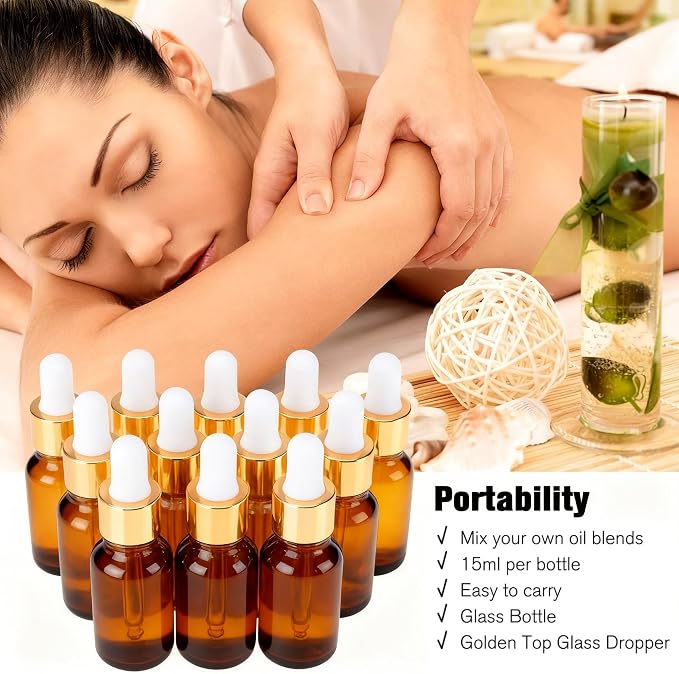 PrettyCare Glass Eye Dropper Bottles 24 Pack, 0.5oz (15ml) Small Amber Empty Thick Bottles with Leakproof Golden Caps - With Labels & Funnels for Storage, Travel, Essential Oils, Tinctures