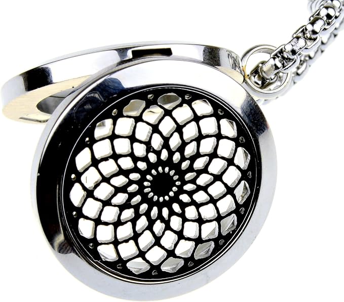 Wild Essentials Sun Mandala Essential Oil Diffuser Necklace, Stainless Steel Locket Pendant with 24 inch Chain, 12 Color Refill Pads, Customizable Color Changing Perfume Jewelry for Aromatherapy