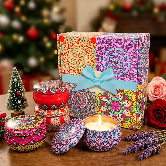 4 Pack Scented Candles for Women Gift- 8% Essential Oil Aromatherapy Candle Set, 50H Long Lasting Natural Soy Wax Candles, Travel Tin Gift Box for Stress Relief Spa Yoga Birthday Housewarming