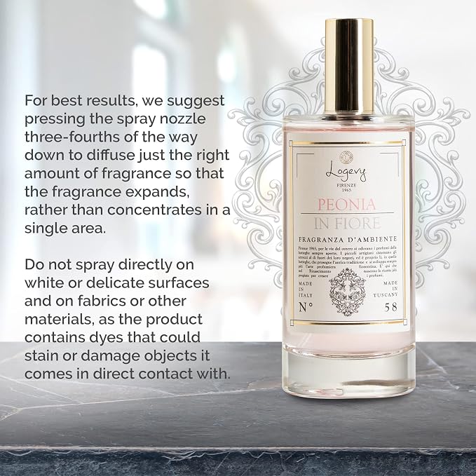 Logevy Firenze 1965 Peonia in Fiore – Peony in Bloom Luxury Home Fragrance Spray from Master Perfumer in Italy with Sweet Floral Notes to Captivate The Senses & Enliven Any Room – 100ml