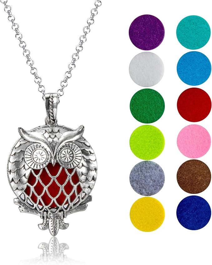Wild Essentials Owl of Athena Essential Oil Diffuser Necklace Gift Set with Inner Calm & Relax Oils – Nickel Free Alloy Pendant with 8 Color Pads – USA Made Oils & Perfume Necklace – Family Company