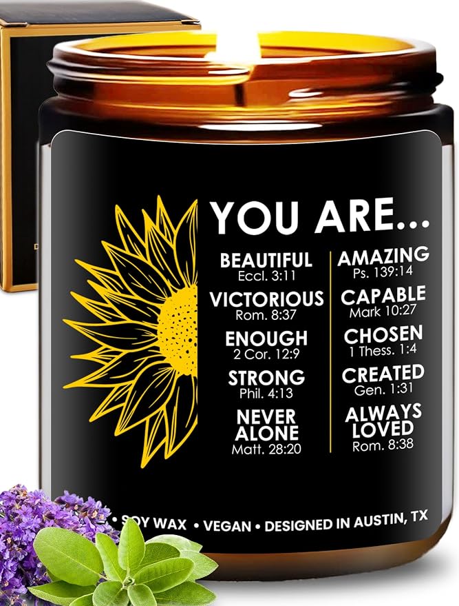 Christian Candle, Spiritual Gifts, Inspirational Christian Gifts for Women Faith, Bible Gift for Woman, Scripture Gift for Woman, Catholic Religious Presents for Women Sunflower