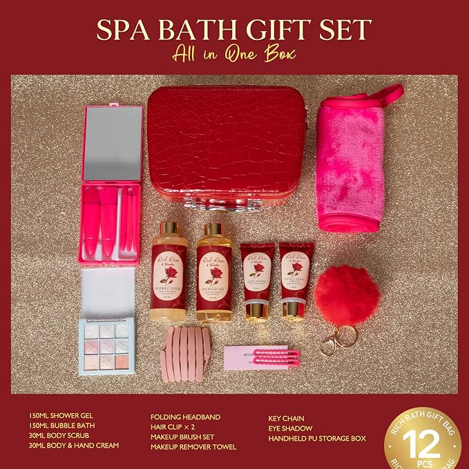 Spa Gift for Women, Red Rose Vanilla Bath and Body Basket Gift Cosmetic Bag | Face Skin Care Kit, Home Spa Self Care, Makeup, Birthday, Christmas, Mother, Bridal Shower Spa Kit for Teenage, Daughter Gift