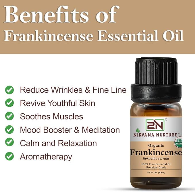 Frankincense Essential Oil, USDA Certified Organic, 100% Pure Undiluted, Aromatherapy Oil for Diffuser, Hair & Skin Care
