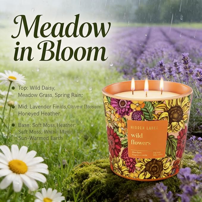 Hidden Label Wild Flowers Soy Candle, 30oz 3-Wick, 100H Botanical Floral | Non-Toxic Vegan Phthalate-Free | Peony Jasmine Fresh Greens Scent | Even Melt No Tunneling | Statement Decor Gift for Women