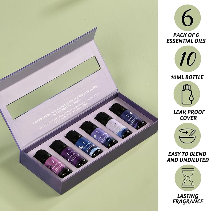 Folkulture Sleep Essential Oils for Diffusers for Home - Set of 6 | Premium Relaxing Essential Oil Set for Sleep Essentials, Aromatherapy & Meditation | Lavender, Peppermint, Jasmine Eucalyptus Orange