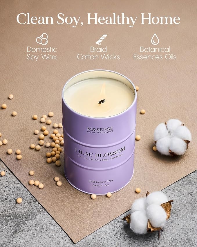 M&SENSE Lilac Blossom Soy Candles for Home Scented, 21.2oz 120 Hour Long Burning Large Aromatherapy Candle for Stress Relief Meditation Yoga Relaxing SPA, Housewarming Gifts for Women