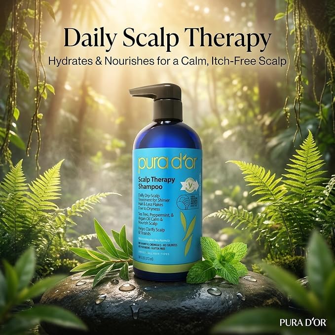 PURA D'OR Scalp Therapy Shampoo Hydrates & Nourishes Scalp - Scalp Shampoo For Itchy Flaky Scalp w/Tea Tree, Peppermint, Patchouli, Cedarwood, Clary Sage, Argan Oil, Tea Tree Peppermint Scent 16 Oz
