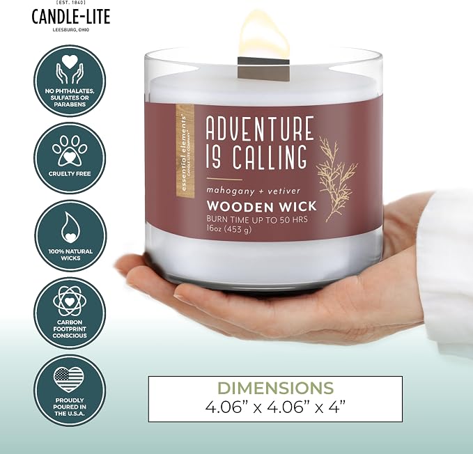 Candle-lite Essential Elements Scented Candles, Adventure is Calling, 16 oz Jar, Proudly Poured in The USA, Aromatherapy, Single-Wick with 50 Hours Burn Time, Perfect for Creating a Relaxing Ambiance