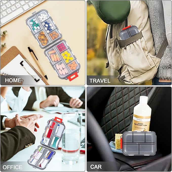 Travel Pill Organizer with 189 Medicine Labels, 10 Compartments Small Pill Case Compact and Portable Travel Pill Box for Airplane Car Purse Nurse Vacation Essentials (Gray, 1 Pack)
