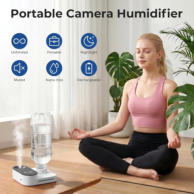 Travel Humidifier, Portable Mini Cool Mist Humidifier, Small Bottle Humidifier with Auto Shut-Off, Night Light, USB Rechargeable, for Bedroom, Office, Hotel, Car and Plants,White