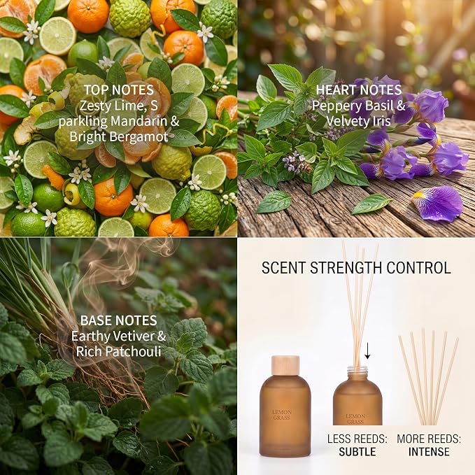 Reed Diffuser Set 6.7 oz Scented Oil Diffuser with 6 Fiber Sticks, Long Lasting Home Fragrance for Bathroom Shelf Decor, Living Room, Office Aromatherapy Gift 01 (Lemon Grass)