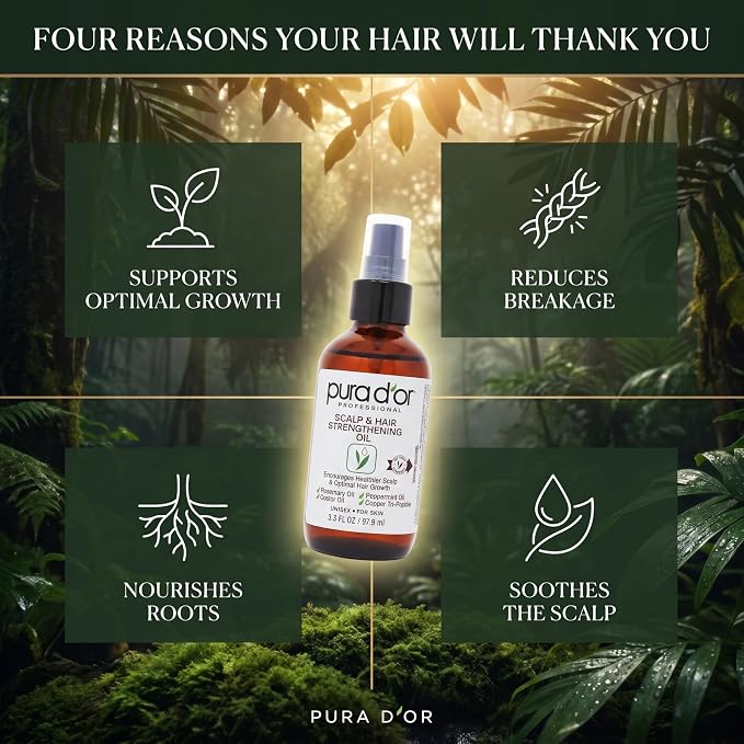 PURA D'OR Scalp & Hair Strengthening Oil Supports Optimal Growth, Reduce Breakage, Nourish Roots for Healthier, Fuller, Thicker Hair - Rosemary, Castor & Peppermint Oil: 3.3 Oz Hair Regrowth Tonic