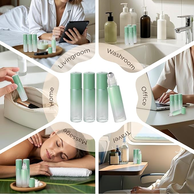 SESENSE Essential Oil Roller Bottles, 10ml Thick Glass Perfume Roller Bottles with Funnel Opener and Dropper Colored Glass Empty Bottles with Stainless Steel Roller Balls (Green, 4 Pack)