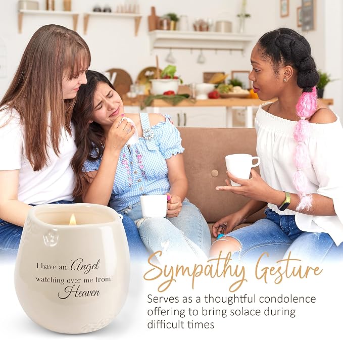 Pavilion Light Your Way Memorial Ceramic Vessel - 100% Soy Wax Candle with "I Have an Angel Watching Over Me From Heaven" Text, Decorative Soy Filled Candle, Scent of Tranquility, 8 oz, White