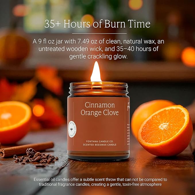Fontana Candle Co Wood Wick Beeswax Jar Candle, Cinnamon Orange Clove – Made Safe with Coconut Oil & Pure Essential Oils – 35+ Hrs Clean Burn, Long Lasting and Non-Toxic Candles for Home & Room Decor