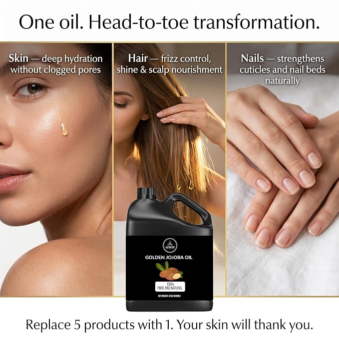 Naturevibe Botanicals Golden Jojoba Oil 32 oz – 100% Pure, Cold-Pressed Moisturizer for Skin & Hair | Antioxidant-Rich, Non-Greasy, Carrier Oil & Daily Hydration